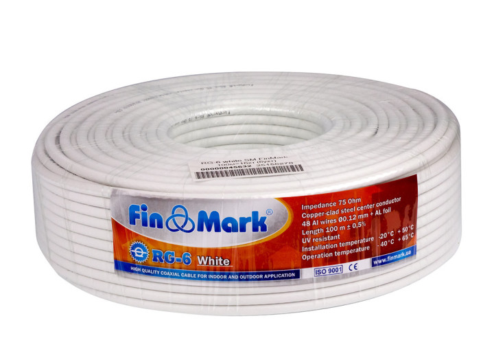 TV кабель 75 Ом FinMark RG-6 білий, довжина 100 м, для супутникового та цифрового телебачення