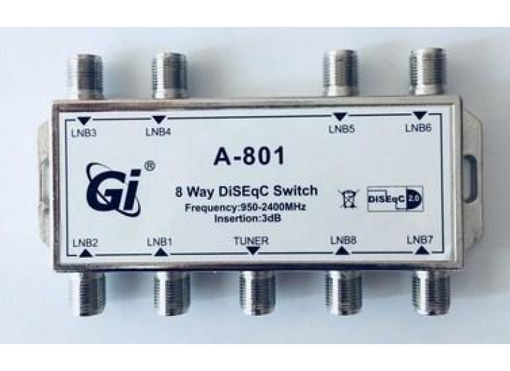 Комутатор DiSEqC 8x1 A-801 Galaxy Innovations, робоча частота 950-2400 МГц, вносиме затухання 3 dB