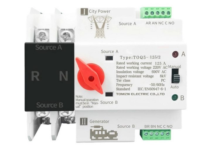 Автоматичний перемикач введення резерву 125\2P  220В змінного струму АВР, 1 фаза + нуль