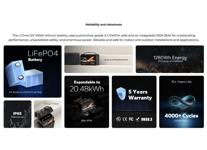 Аккумулятор LiTime LiFePO4 12.8V 100Ah 100A BMS