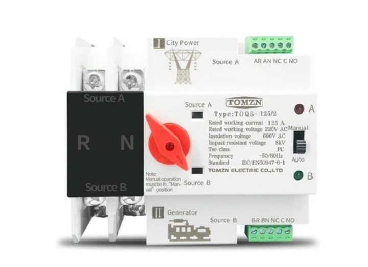 Автоматичний перемикач резервного живлення   TOMZN 125A 2P 220В AC, однофазний АВР