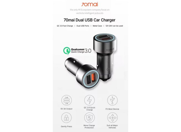 Подвійний USB-порт для автомобільної зарядки 70mai, адаптер для автомобільного відеореєстратора 70MAI, A500S, A510, A200, A800S, A810, M300, D07, S500 Midrive CC01 QC 3.0 Подвійний USB-порт для автомобільної зарядки 70mai, адаптер для автомобільного відеореєстратора 70MAI, A500S, A510, A200, A800S, A810, M300, D07, S500 Midrive CC01 QC 3.0