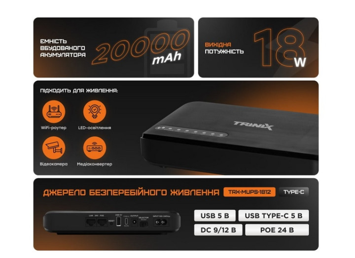 Джерело безперебійного живлення DC UPS Trinix TRX-MUPS-1812 Type-C (20000mAh LiFePo4) 5V/9V/12V/24V/PoE, LiFePo4 4*5Ah