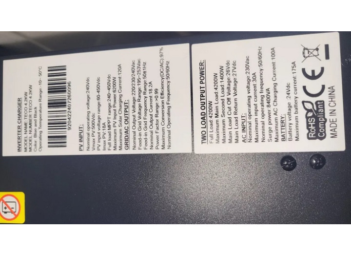 Комплект резервного живлення 4.2 кВт TTN TECO / 24 В з LiFePO4 акумулятором 200 А·год (гібридний інвертор, MPPT, чиста синусоїда)