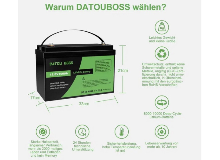 Акумулятор LiFePO4 100Ah 12V BMS (літій-залізо-фосфатний) DatouBoss Тривалий термін експлуатації: 4000+ циклів 