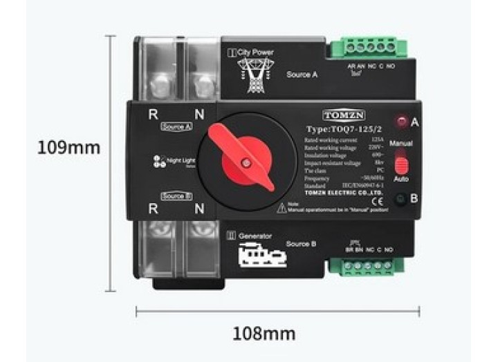  АВР Tomzn Автоматичний перемикач резервного живлення   TOMZN 125A 2P 220В AC, однофазний АВР TOMZN TOQ7 Mini ATS