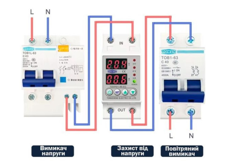 Електронне реле напруги TOMZN TOVPD1-60-VA із захистом по струму та потужності 60А