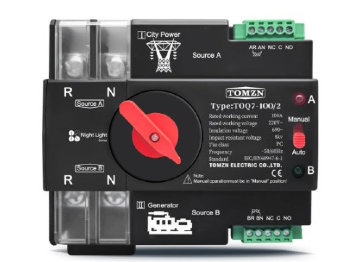  АВР Tomzn Автоматичний перемикач резервного живлення   TOMZN 100A 2P 220В AC, однофазний АВР TOMZN TOQ7 Mini ATS