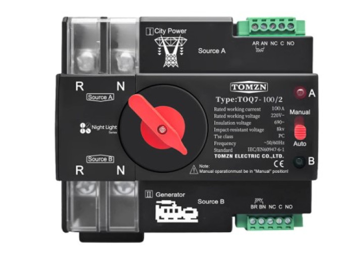  АВР Tomzn Автоматичний перемикач резервного живлення   TOMZN 100A 2P 220В AC, однофазний АВР TOMZN TOQ7 Mini ATS