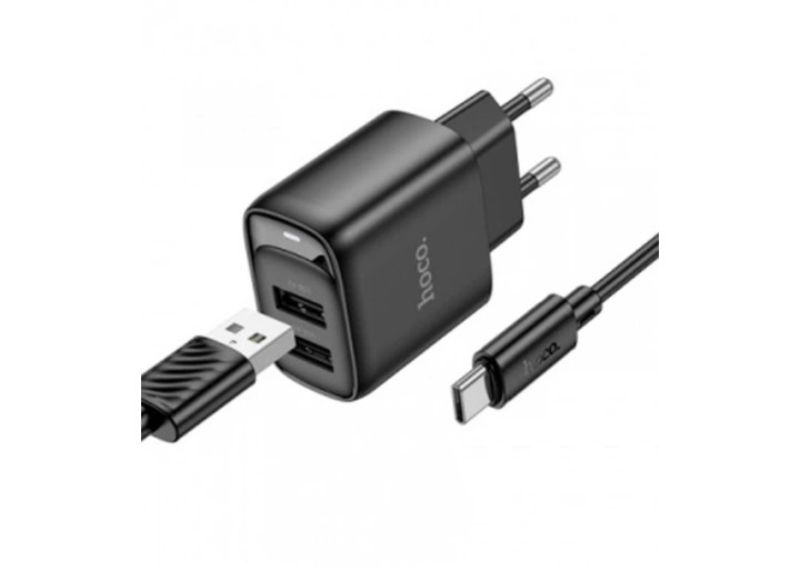 Мережевий зарядний пристрій Hoco C141A Smart, Type-C, З кабелем, Чорний