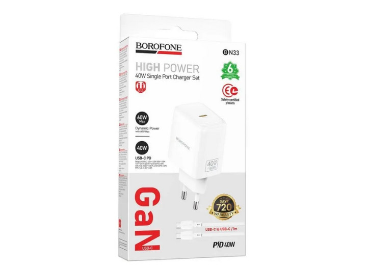 Зарядне мережеве Borofone BN33 Fuente PD40W (1USB-C) + кабель Type-C to Type-C White