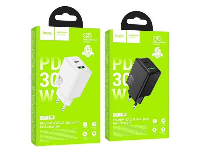 Зарядне мережеве  Hoco N71 Nuevo PD30W+QC3.0 (1USB-A/1C) Black\White