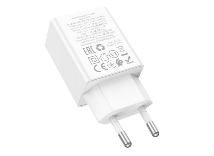 Зарядне мережеве  Hoco N71 Nuevo PD30W+QC3.0 (1USB-A/1C) Black\White