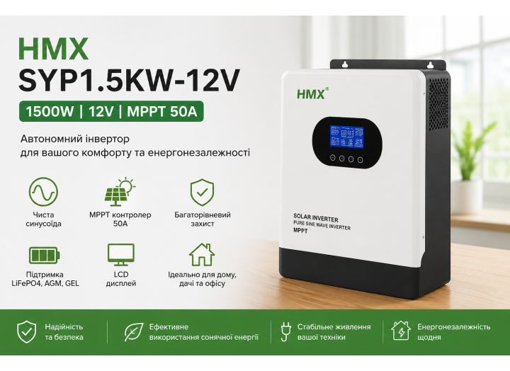 Інвертор автономний HMX SYP1.5KW-12V 1500W 12V MPPT 50A, чиста синусоїда, LCD, для сонячних панелей