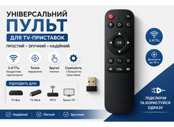 Універсальний бездротовий пульт для TV-приставок 2.4 ГГц з USB-приймачем