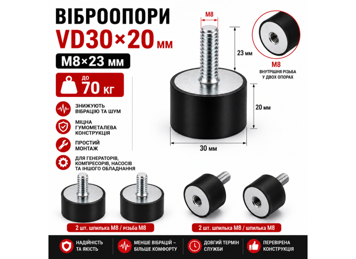 Віброопора гумометалева VD30×20 мм M8×23 мм (M8 шпилька / M8 різьба) до 70 кг