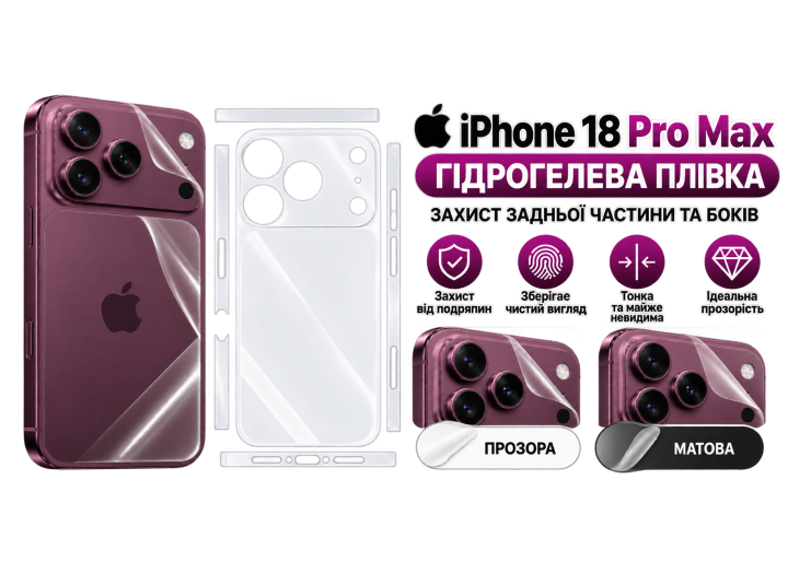 Гідрогелева плівка SUPER TPU HD для iPhone 18 Pro max — захист задньої частини та боків прозора / матова