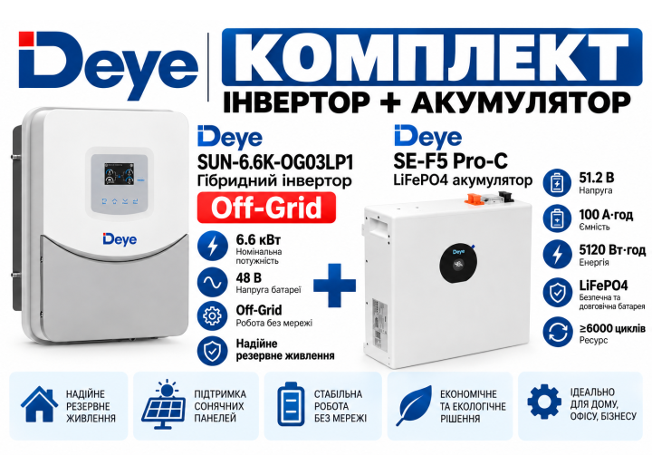 Комплект автономного живлення Deye SUN-6.6K-OG03LP1 + Deye SE-F5 Pro-C LiFePO4 5,12 кВт·год