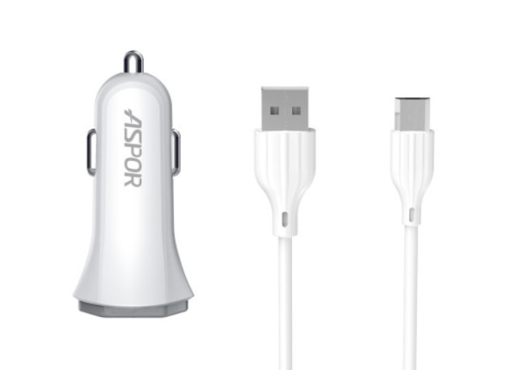 Автомобільний зарядний пристрій АЗП Aspor A901C 2 USB/2.4A-білий + USB кабель Micro- білий